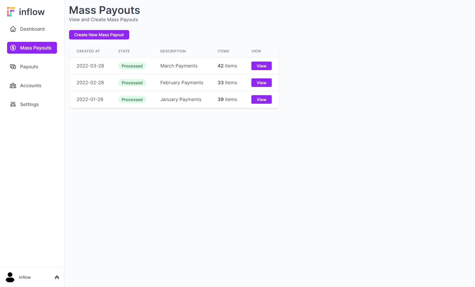 The inflow portal showing a list of payments